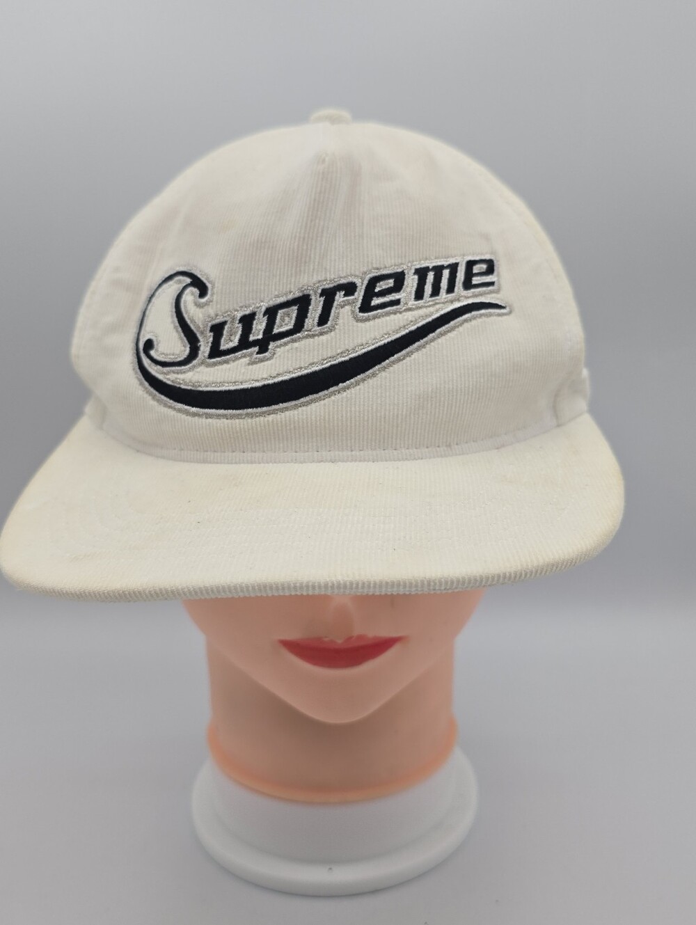Supreme Cursive Logo White 5 Panel Corduroy Adjustable Snapback Hat